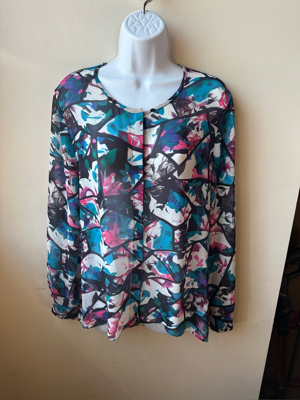 Ellen Tracy Floral Abstract Print Long Sleeve Blouse Top Semi Sheer Size L Multi